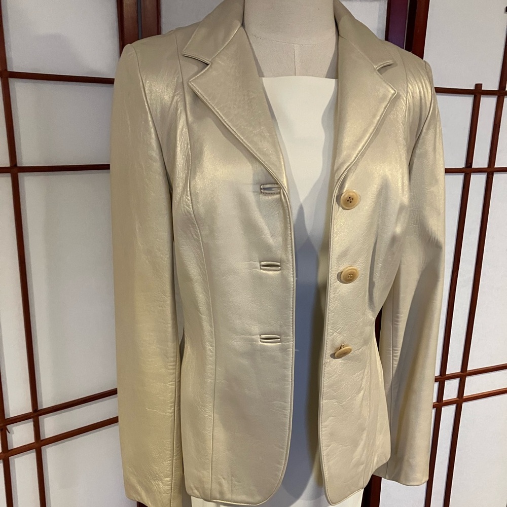Gruppo Americano Elegant Cream Shimmer Leather Blazer Sz 4 & Bonus Sz 2 Dress
